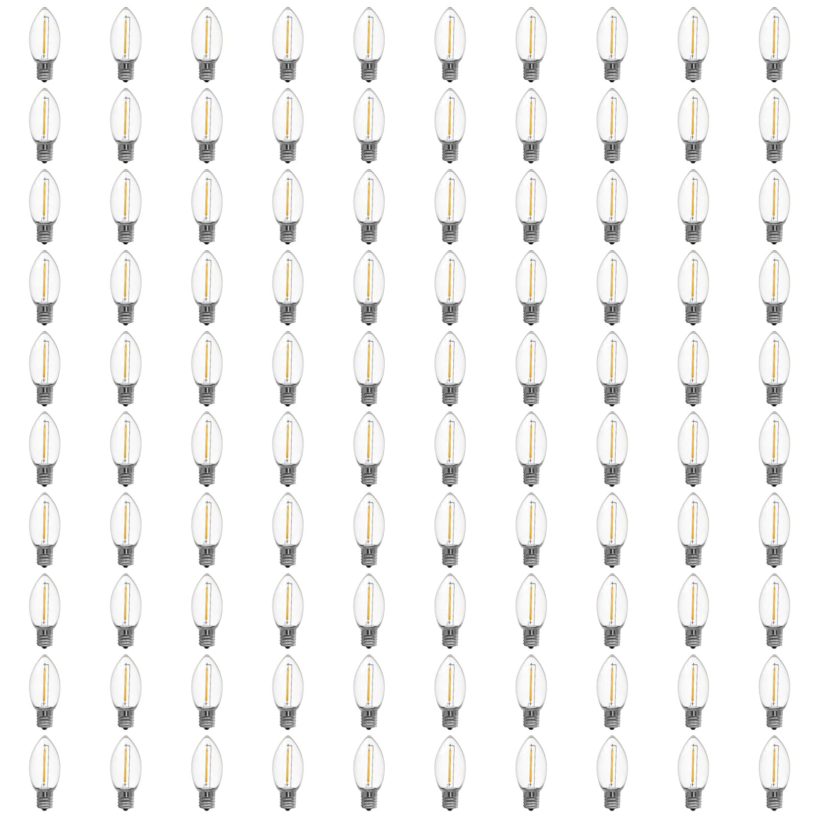 Photo 1 of Meconard C9 Led Replacement Christmas Light Bulbs, 100 Pack C9 Shatterproof Plastic Led Bulbs for Christmas Outdoor String Lights, E17 Intermediate Base, Commercial Grade Holiday Bulbs, Warm White.