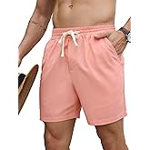 PLEPAN Mens 5 Inch Linen Shorts - Casual Elastic Waist Drawstring Summer Beach Shorts with Pocket