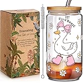 Enanaimg Funny Cute Silly White Goose Glass Cup Gift for Women Goose Lover with Bamboo Lids Straw 16oz, Inspire Ice Coffee Glass Cup Tumbler for Soda Boba Tea Cocktail Birthday Gifts for Women Friend