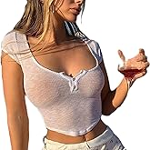 Amiblvowa Women Sexy See Through Tops Sheer Low Cut Crop Shirt Button Front Short Sleeve Cropped Baby Tee Summer Party Club