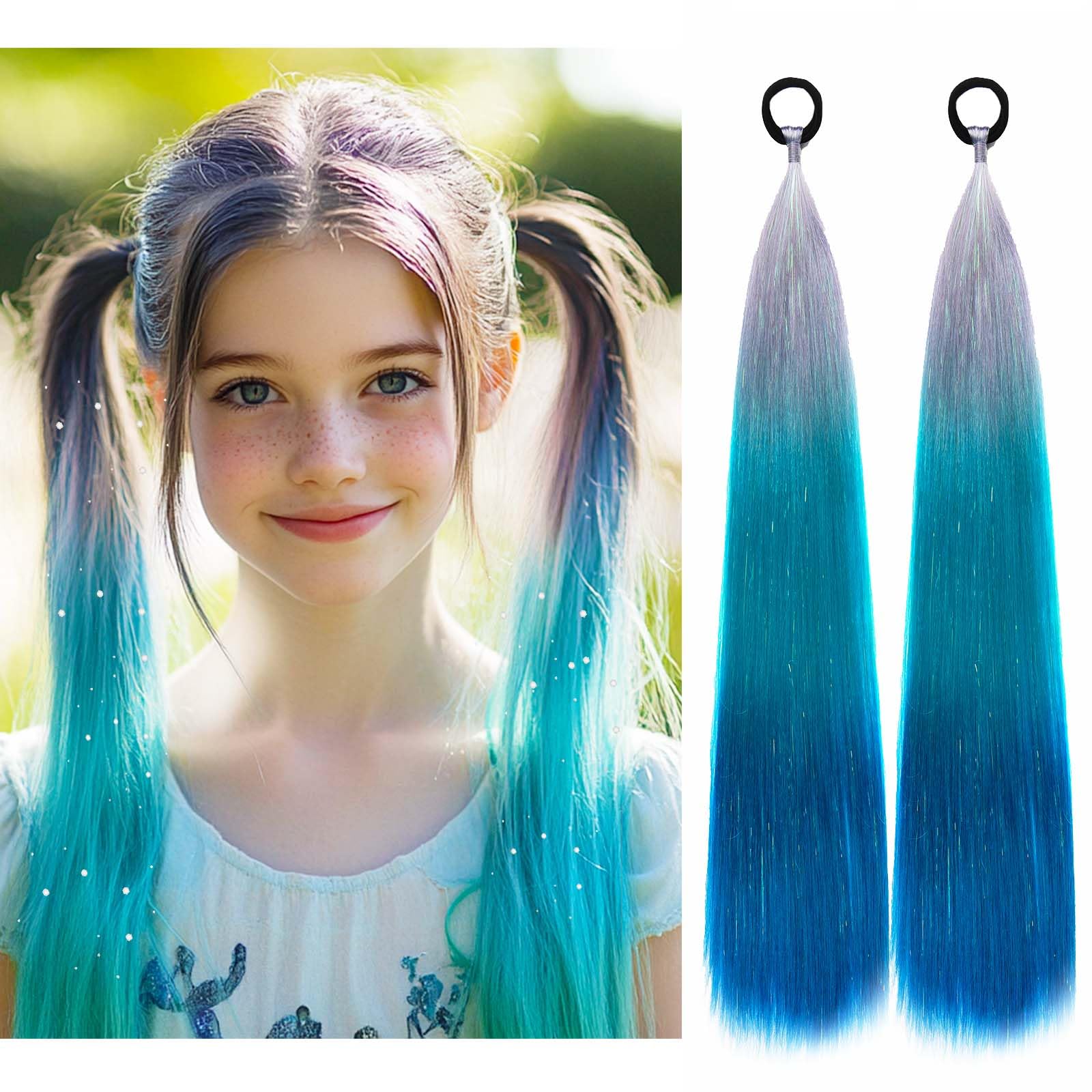 Ponytail Hair Extensions Ombre Rainbow Ponytail for Braiding– 2 Pack, 40g Each, 18-inch Synthetic Gradient Silver Green Blue for Girls & Women — image 1
