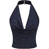 SOLY HUX Women's Halter Top Sparkly Sexy Backless Party Crop Tops Club Rave Festival Outfits Black