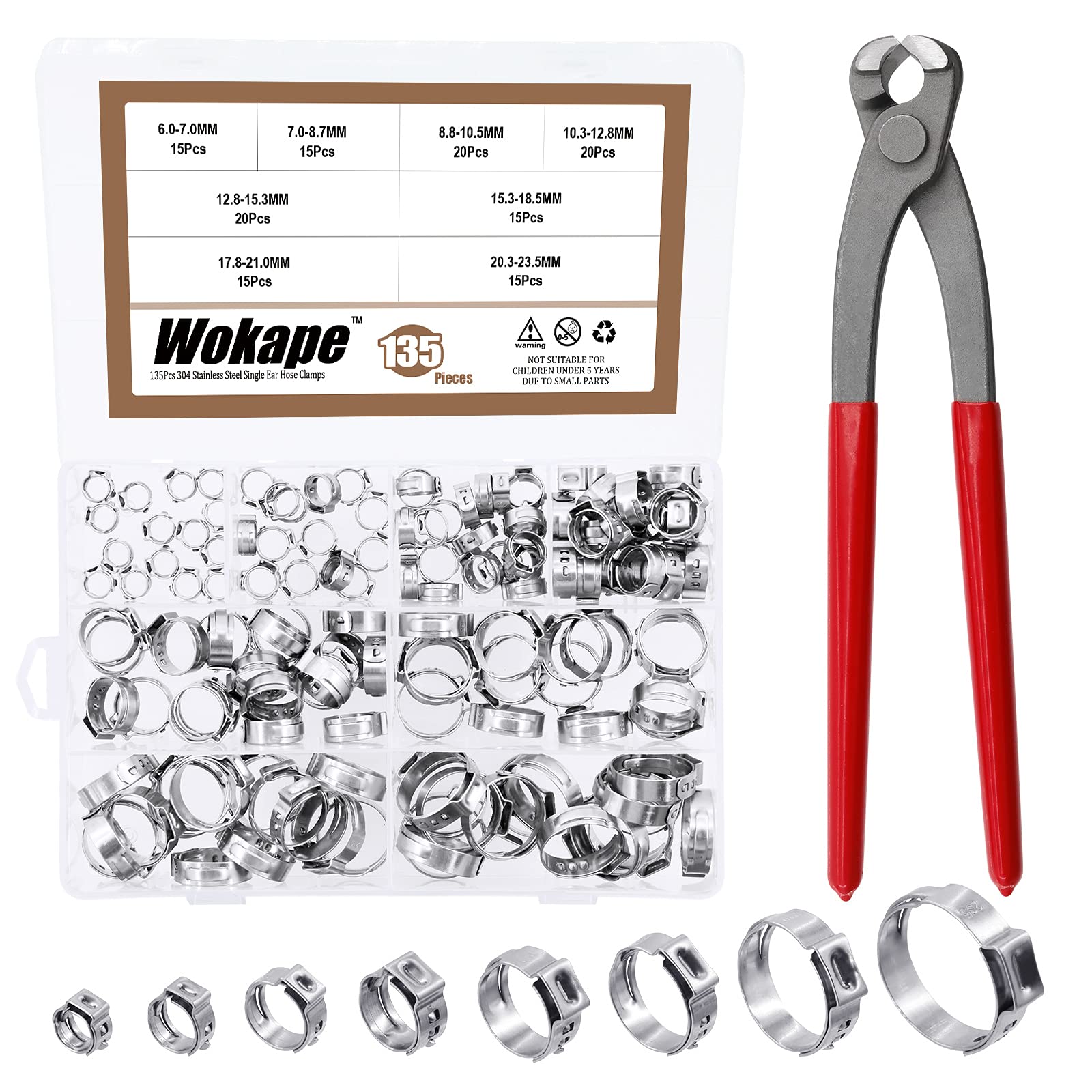 Wokape 135Pcs 6-28.6mm Single Ear Hose Clamps with Pincers Kit, 304 Stainless Steel Crimp Hose Clamps for Securing Pipe Automotive Home Appliance Use