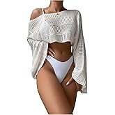 SHENHE Women's Hollow Out Crochet Boat Neck Long Sleeve Sheer Crop Swimsuit Cover Up Top