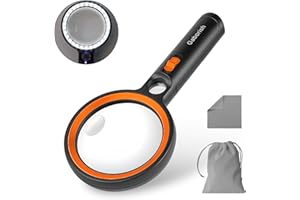 GABORISH Magnifying Glass with 30 LED Lights, 10X 20X 45X Handheld Illuminated Lighted Magnifier with 1UV Light for Seniors Reading, Inspection, Coins, Jewelry, Exploring Light Magnifying Glass (Orange)
