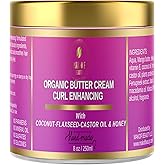 Organic Coconut Curl Enhancing Cream with Flaxseed, Black Castor Oil. Curls Detangler, Moisture-rich, Curl Revival Cream. Anti-Frizz, Defines All Curl Types & textures. Sulfate & Parabens free. 8 oz