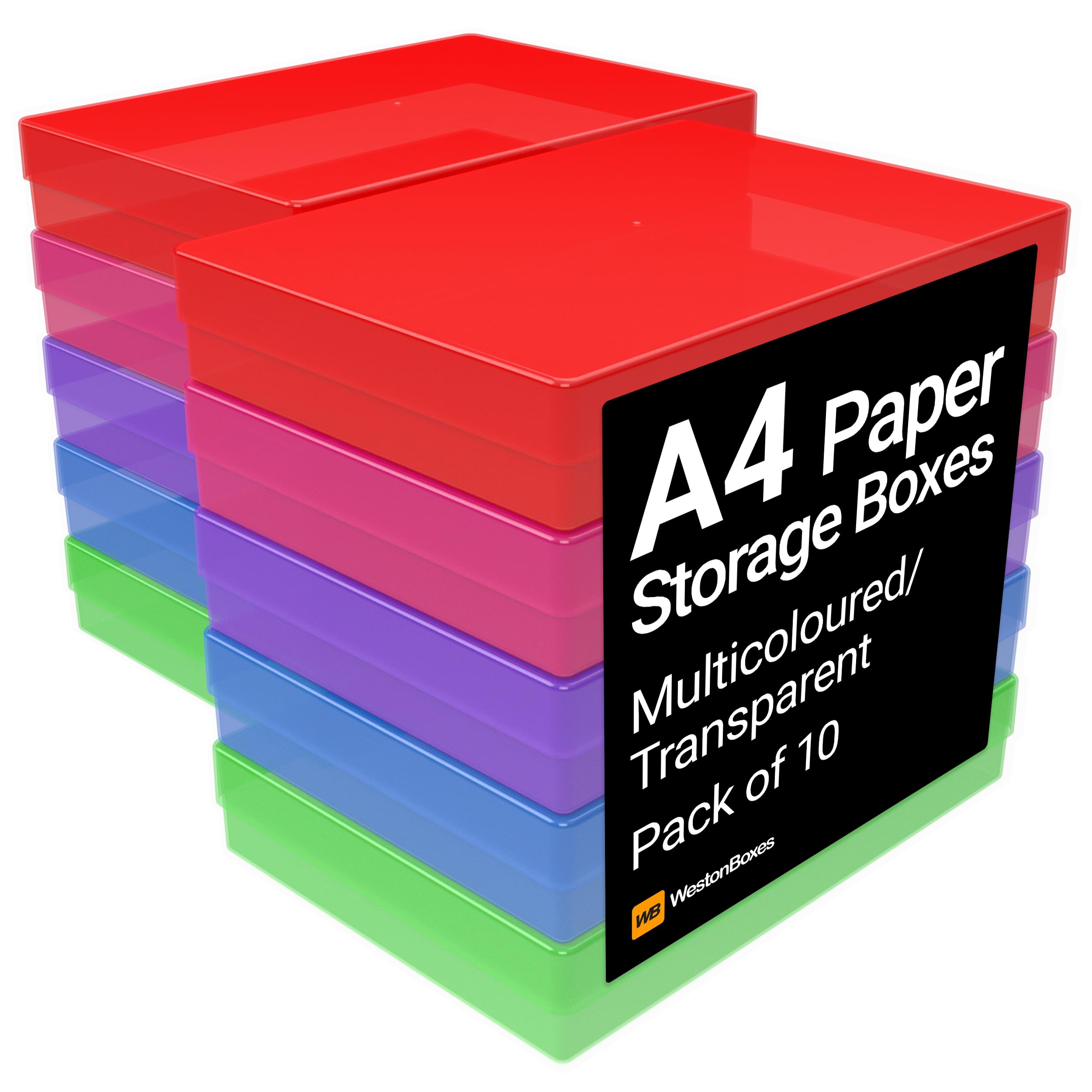 WestonBoxes A4 Colourful Transparent Plastic Craft Storage Boxes with Lids for Art Supplies, Paper and Card (Multicoloured/Transparent, Pack of 10)