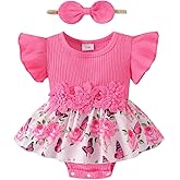 Aenbilo Baby Girl Clothes Summer Outfit Romper Skirt Ruffle Sleeve Cute Bow Headband Infant Bodysuit Set 0-18 Months