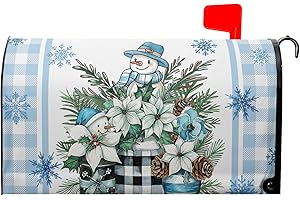 KCOZYDECOR Winter Poinsettia Snowman Mailbox Covers Magnetic Standard Size 18" X 21",Mason Jar Flowers Snowflake Blue Grid Mailbox Wraps Post Letter Box Cover for Christmas Holiday Garden Yard Decor