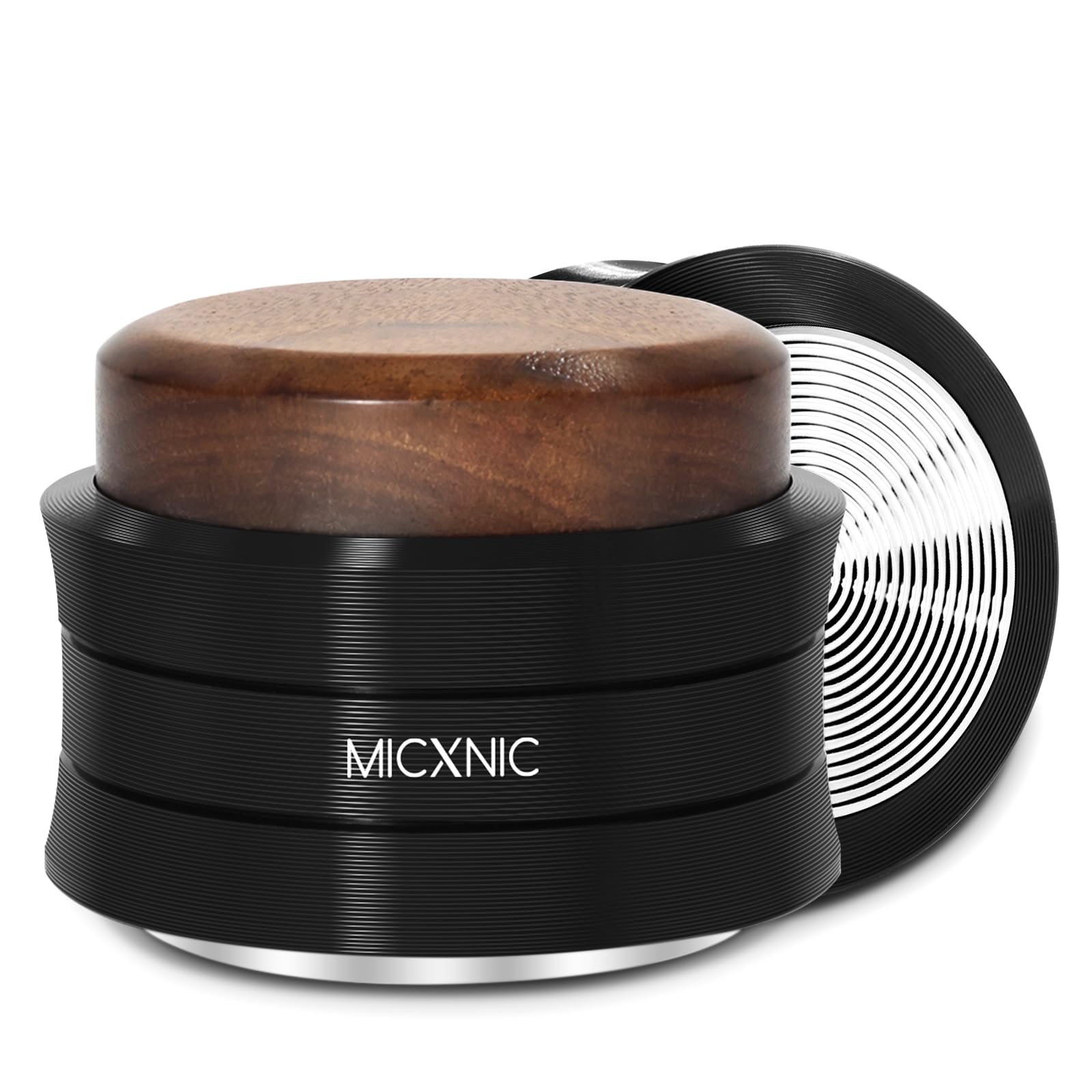 MICXNIC Palm Coffee Tamper, Spring Loaded 58mm Tamper for 58mm Portafilter, Self Leveling Espresso Tamper with Stainless Steel Base, Coffee Tamper 58mm, Walnut and Black
