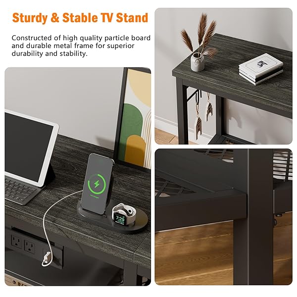 FUROLOGEE TV STAND WITH POWER OUTLETS, ENTERTAINMENT CENTER WITH OPEN STORAGE SHELVES FOR TVS UP TO 55 INCH, MEDIA CONSOLE TABLE WITH SOUNDBAR SHELF FOR LIVING ROOM, BEDROOM, BLACK OAK