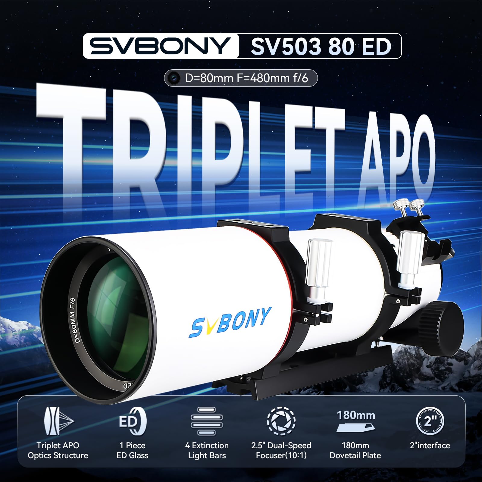 SVBONY Telescopio SV550, Refractor Apocromático Triplete 80ED F6 OTA, Enfocador Rap de Micro-Reducción de 2.5, Distancia de Enfoque Trasero de 87 mm, Telescopio para Adultos de Alta Potencia, para Astrofotografía y Visual de Cielo Profundo SVBONY Telescopio SV550, Refractor Apocromático Triplete 80ED F6 OTA, Enfocador Rap de Micro-Reducción de 2.5, Distancia de Enfoque Trasero de 87 mm, Telescopio para Adultos de Alta Potencia, para Astrofotografía y Visual de Cielo Profundo