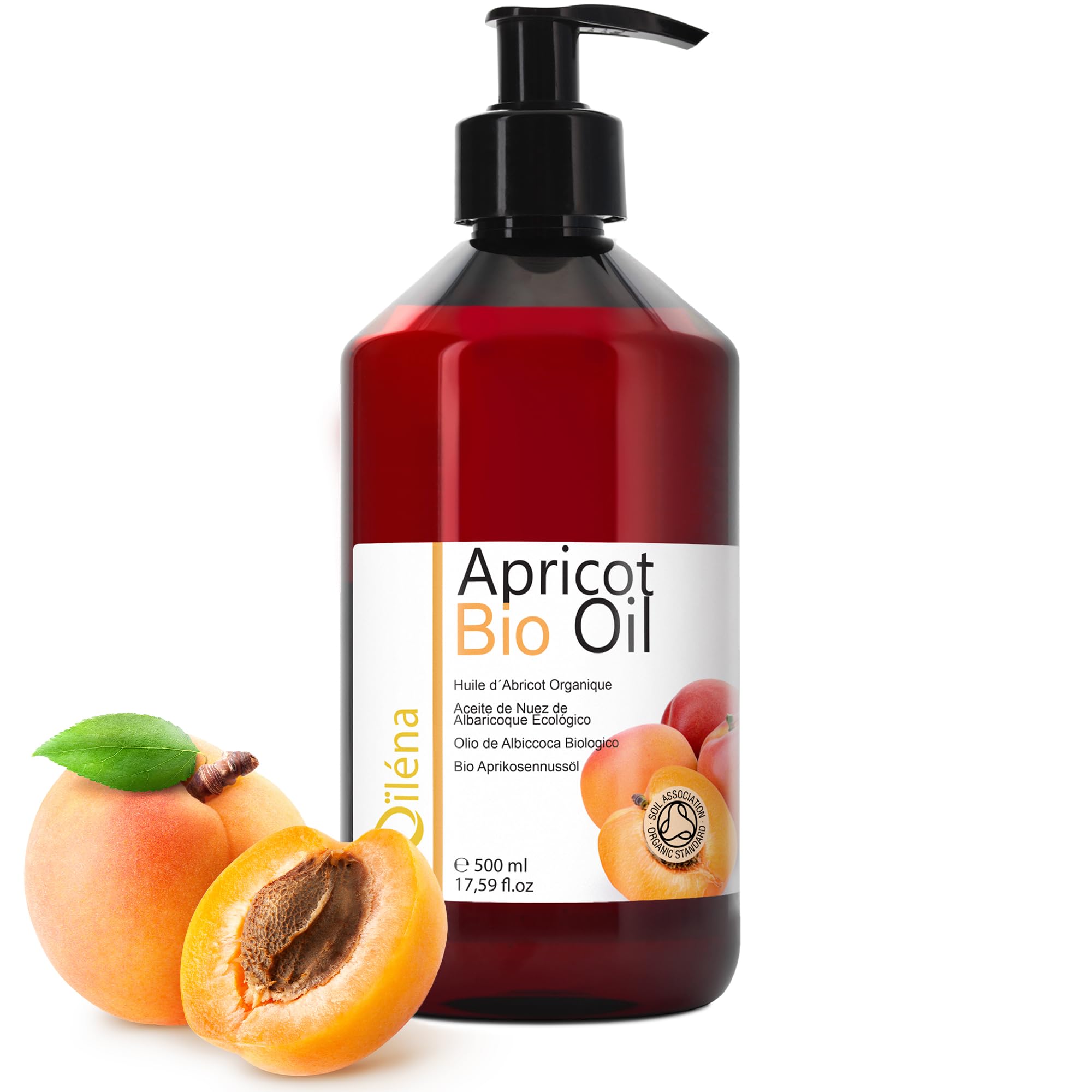 Oïléna Organic Apricot Oil 100% Pure, Natural, Vegan, No GMO - Aromatherapy Massage Oil Hair Skin Body Certified BIO Moisturiser for face, body and hair 500 ml 17.52 fl oz