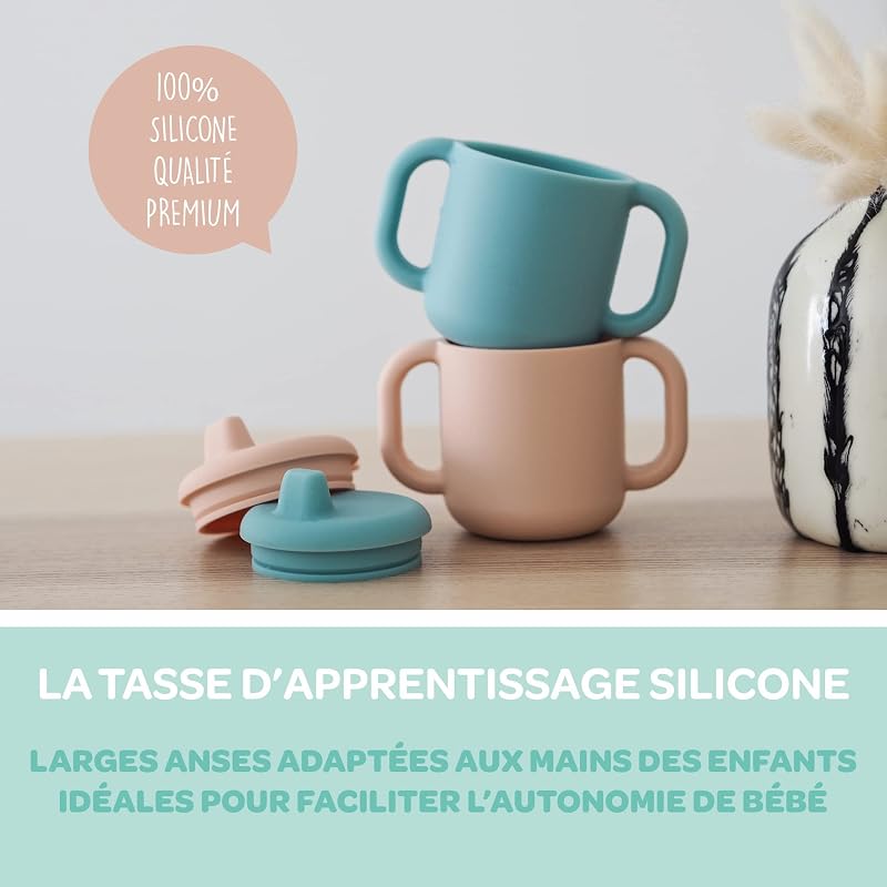 Tasse d'Apprentissage Bébé, Fonction Biberon/Tasse, 100% Silicone de Haute Qualité, Larges poignées, Facilite la prise en main, Ergonomique, Bec Souple, Blue