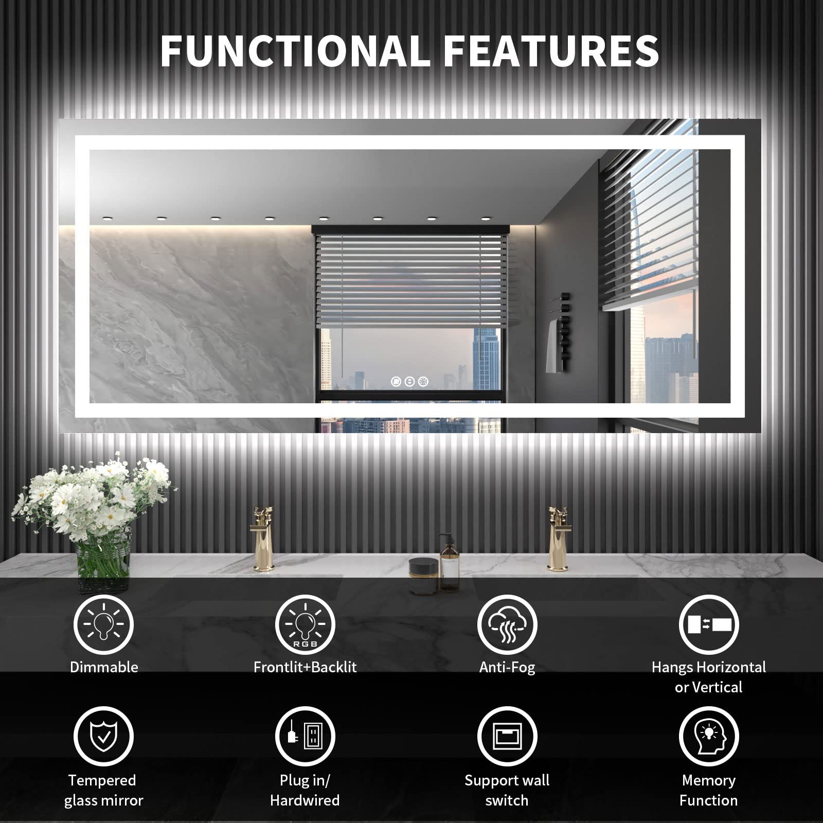 LOAAO 72X32 LED Bathroom Mirror with Lights, Anti-Fog, Dimmable, Backlit + Front Lit, Lighted Bathroom Vanity Mirror for Wall, Shatter-Proof, Memory Function, ETL Listed