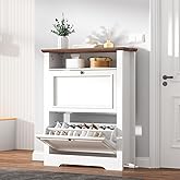 TOOBVEST 39" Farmhouse Shoe Storage Cabinet with 2 Flip Drawers and Adjustable Entryway Shelves, Hidden Shoe Organizer, White Walnut