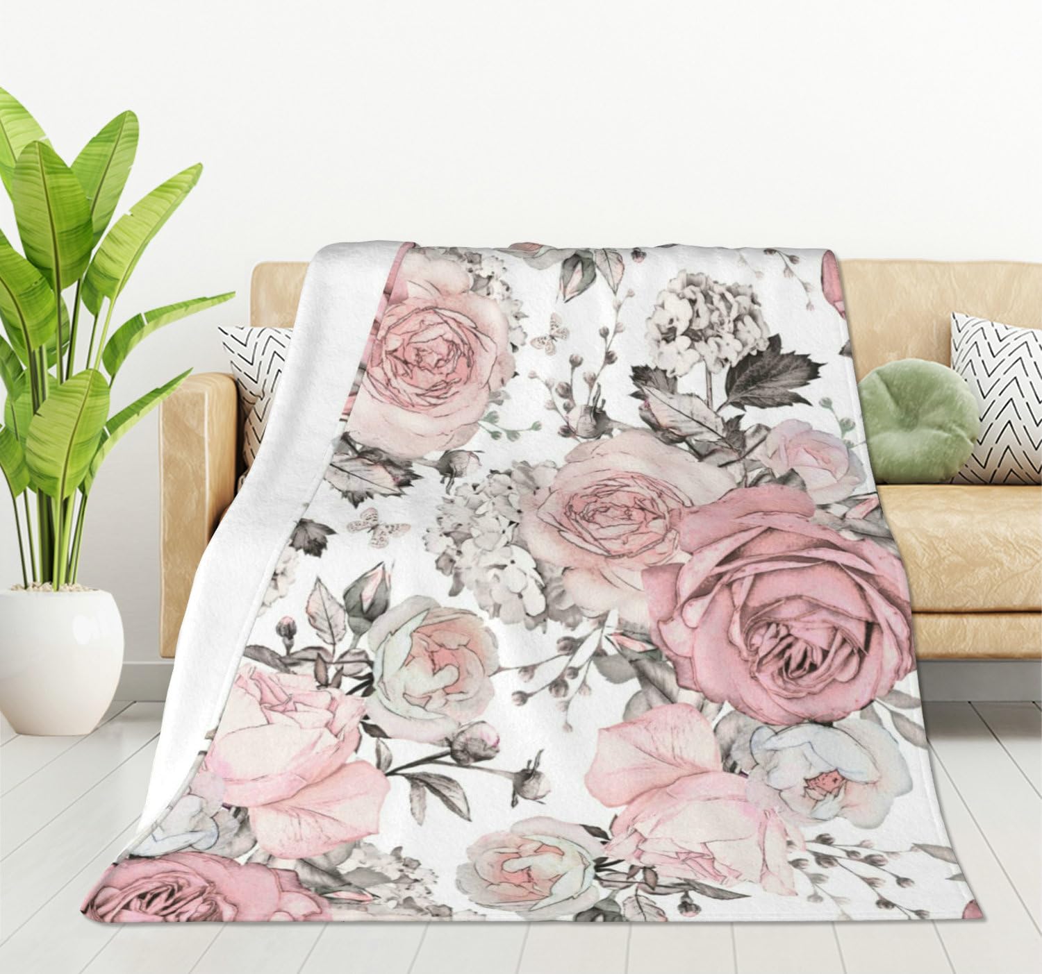 HGOD DESIGNS Watercolor Floral Blanket, Super Soft Pink Flowers and Leaves Throw Blanket 100x130cm Blanket for Bed Couch Chair Fall Winter Camping Living Room Office