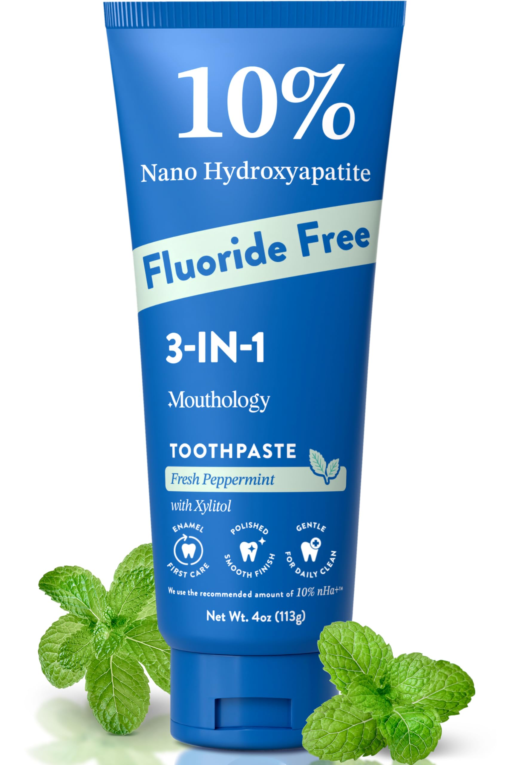 Mouthology 10% Nano Hydroxyapatite Toothpaste (Fluoride Free), Whitening*, Supports Enamel Care*, Appropriate for Sensitive Teeth*, SLS Free, Xylitol nHA Toothpaste for Adults, Mint 4oz (USA Made)