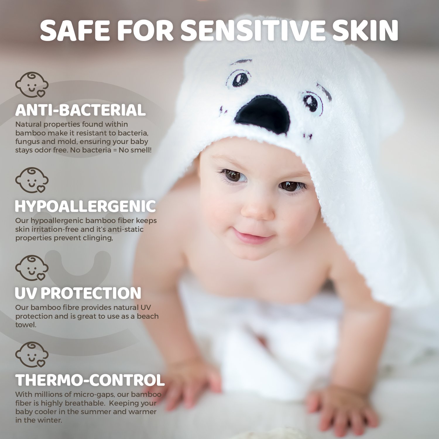 Baby Hooded Bath Towels | Organic Bamboo Material | Perfect for Bath, Pool or Beach | White Puppy Design | Best Gift for Baby Shower or Birthday | Twin Palms Baby Towel