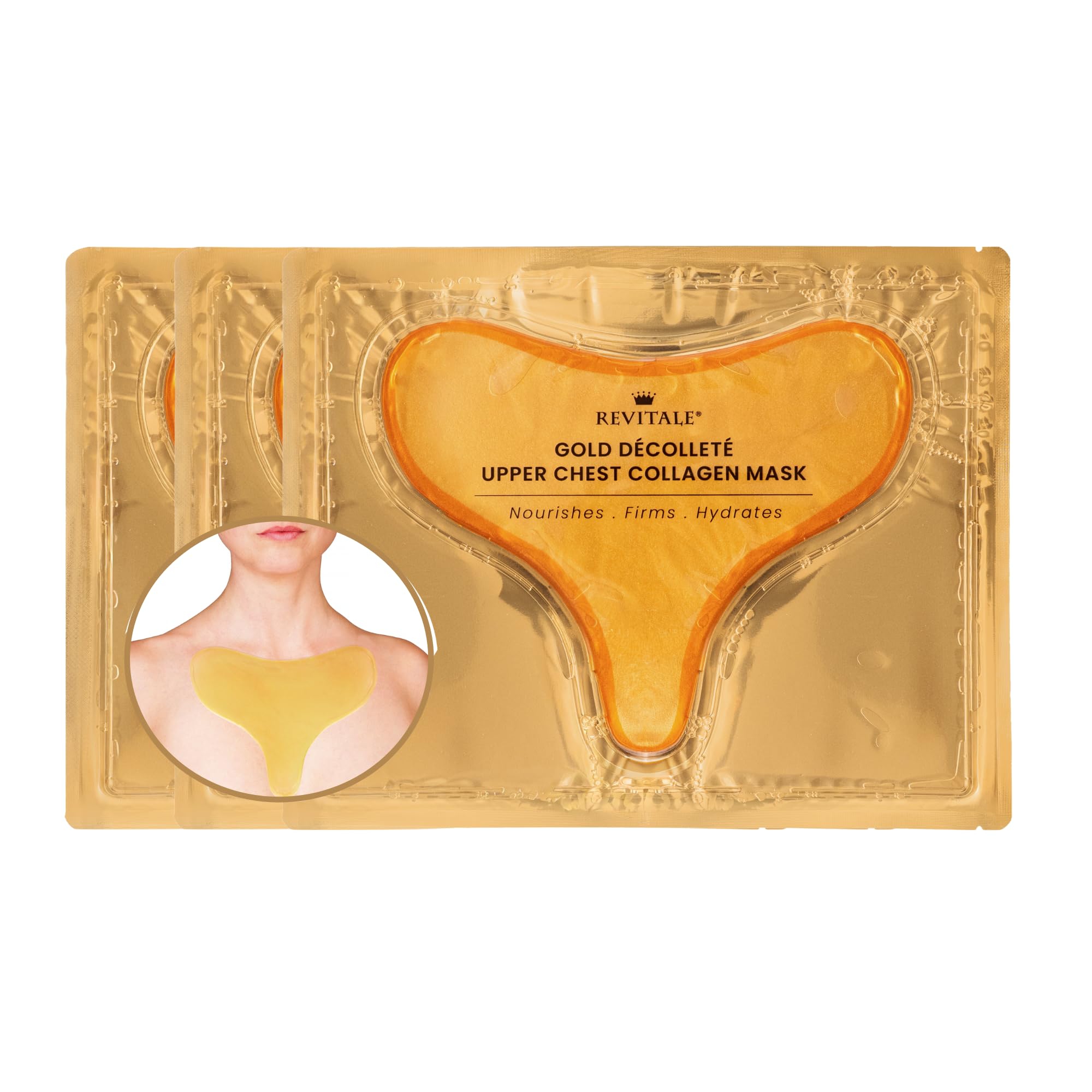 Revitale Gold Décolleté Chest Collagen Mask (3 Pack) Firming & Moisturising Neck and Upper Chest Sheet Masks for Smoother, Revitalised Skin