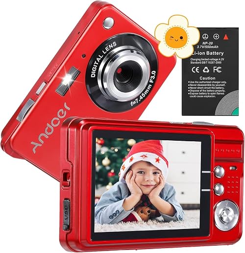Andoer 18MP Compact Camera With 2.7" LCD Screen, 8X Zoom, Anti-Shake, 2 Batteries - Portable for Kids, Teens, Adults, Beginners - Red