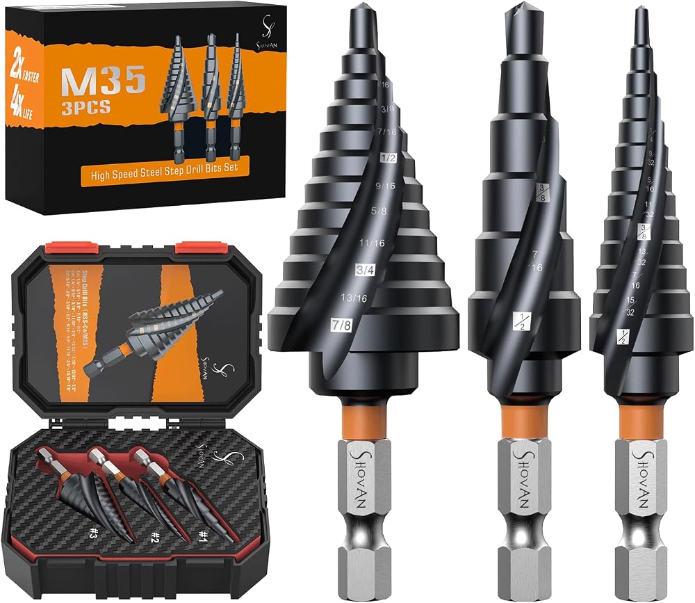 ss shovan 3Pcs Premium HSS M35 Cobalt Step Drill Bit Set TiAlN 1/4-7/8"