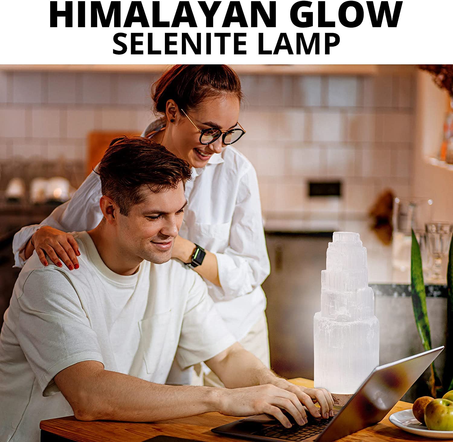 Himalayan Glow Selenite Crystal Lamp 20cm, Moroccan (ETL Certified) Tower Lamp with Wooden Base & USB Charging Cable, Anxiety Relief Healing Crystals for Home Decor