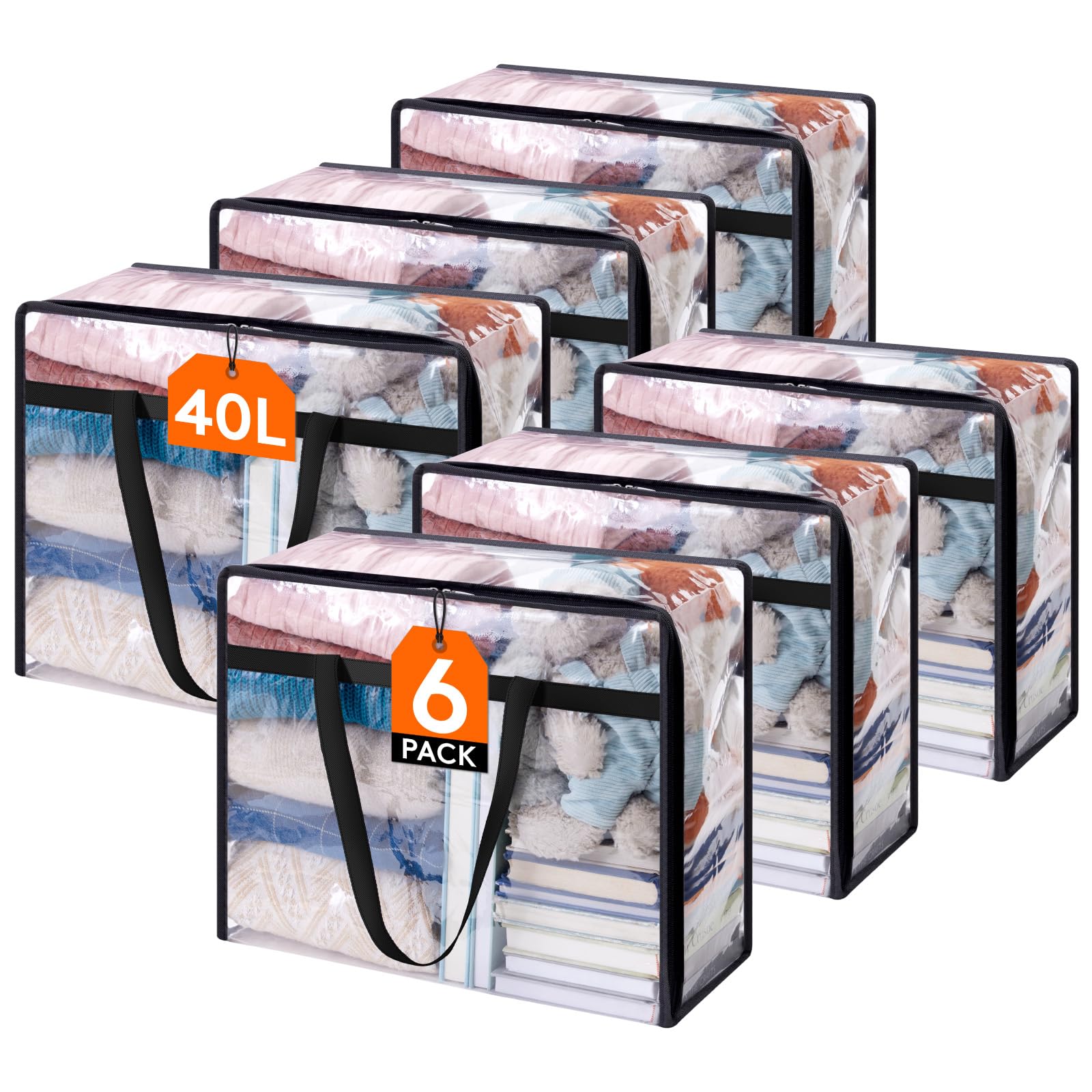 Lifewit 6 Pack Clear Plastic Storage Bags, 40L Foldable Clothes Storage Boxes Wardrobe Storage Organizer Moving Bags with Reinforced Handle for Loft Wardrobe for Bedding Clothes Blanket Duvet