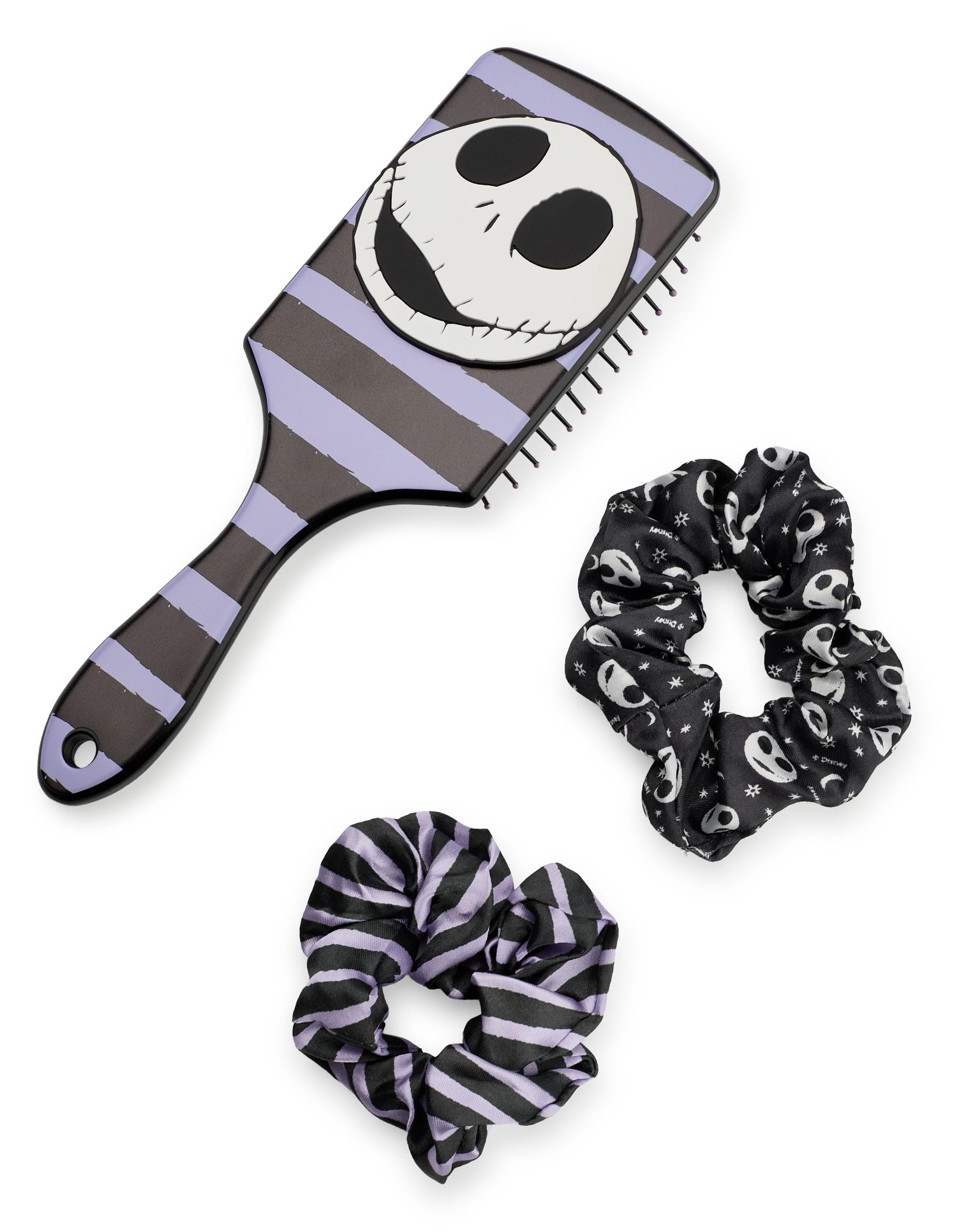 Disney The Nightmare Before Christmas Womens Hair Brush and Scrunchie Set | Adults All Over Print Bobble and Paddle Brush with 3D Jack Skellington Face in Black | Classic Movie Merchandise Gift