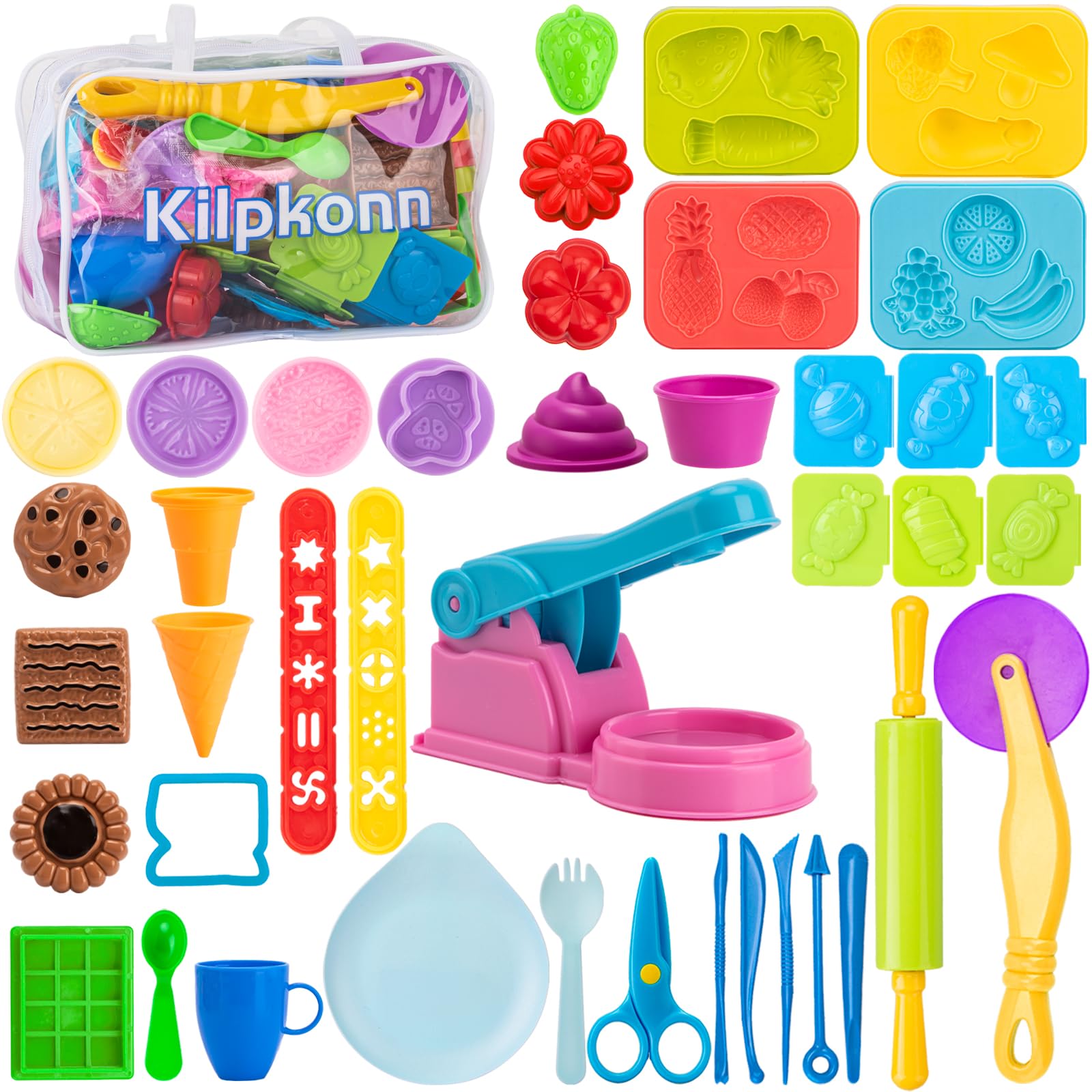 40Pcs Dough Tools for kids, Dough Sets Accessories, Clay Molds Scissors Rolling Pin with Storage Bag, Kids Art Clay Dough Gift for Toddlers Boys Girls