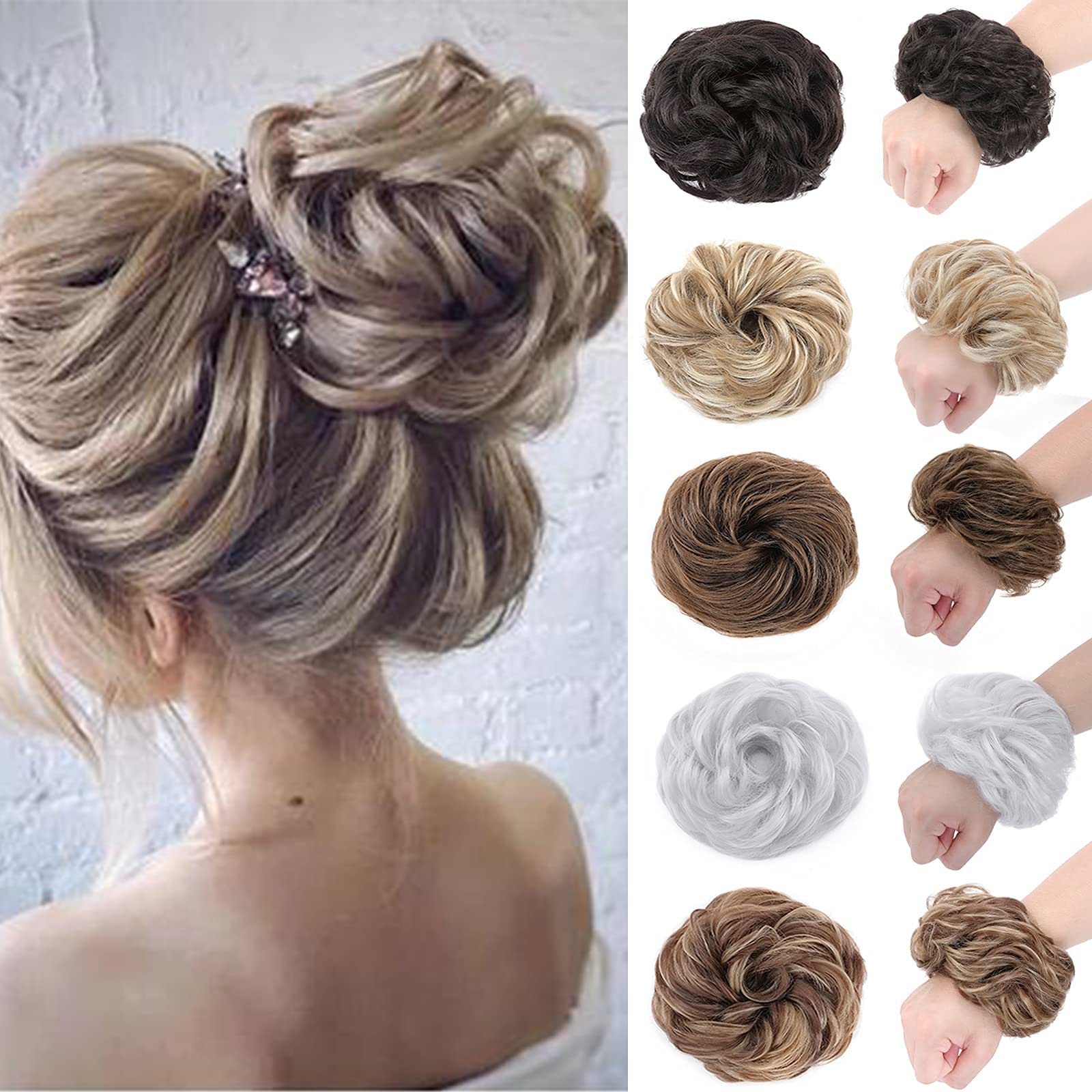 Silk-co Synthetic Hair Bun Extensions Hairpiece 45g Thick Messy Hair Scrunchies for Women Updo ponytail Extensions - Ash Blonde Scrunchie