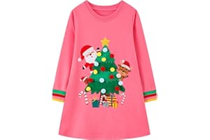 HILEELANG Toddler Girl Long Sleeve Christmas Dress Cotton Casual Jersey Shirt Playwear Applique Dress