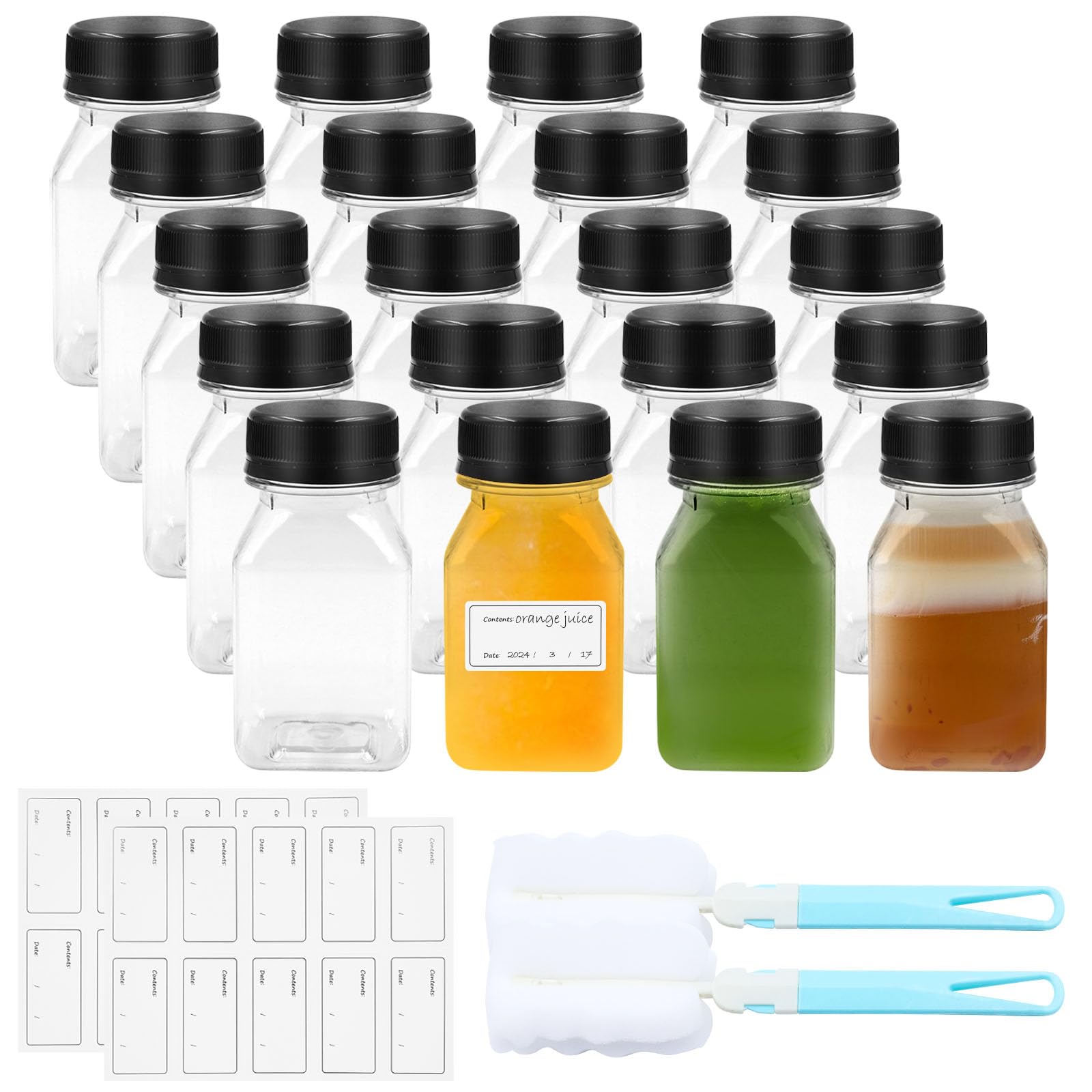 TAIHOBO 20PCS Juice Bottles, 4oz/120ml Ginger Shot Bottles with Lids, Clear PET Empty Smoothie Bottle with Stickers ＆ Brushs, Small Plastic Bottles with Lids for Storing Juices Milk Other Beverages