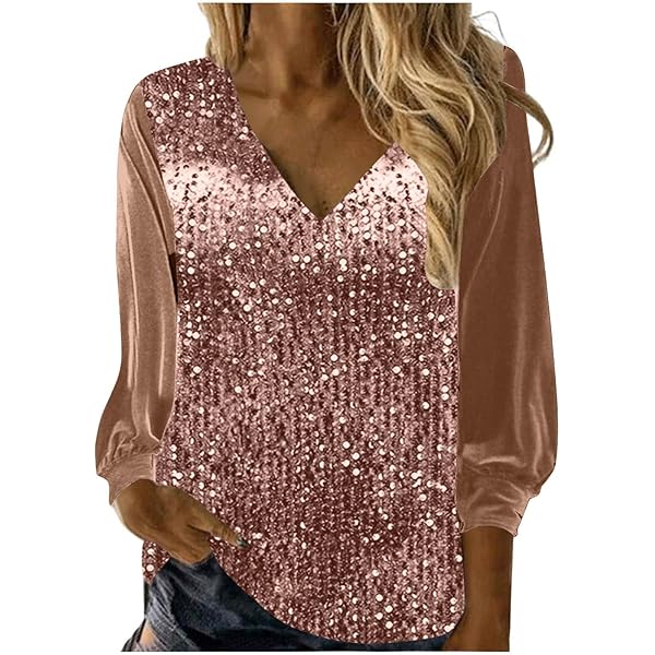 1/4 Zip Up Sparkly Tops for Women Dressy V Neck Sequin Long