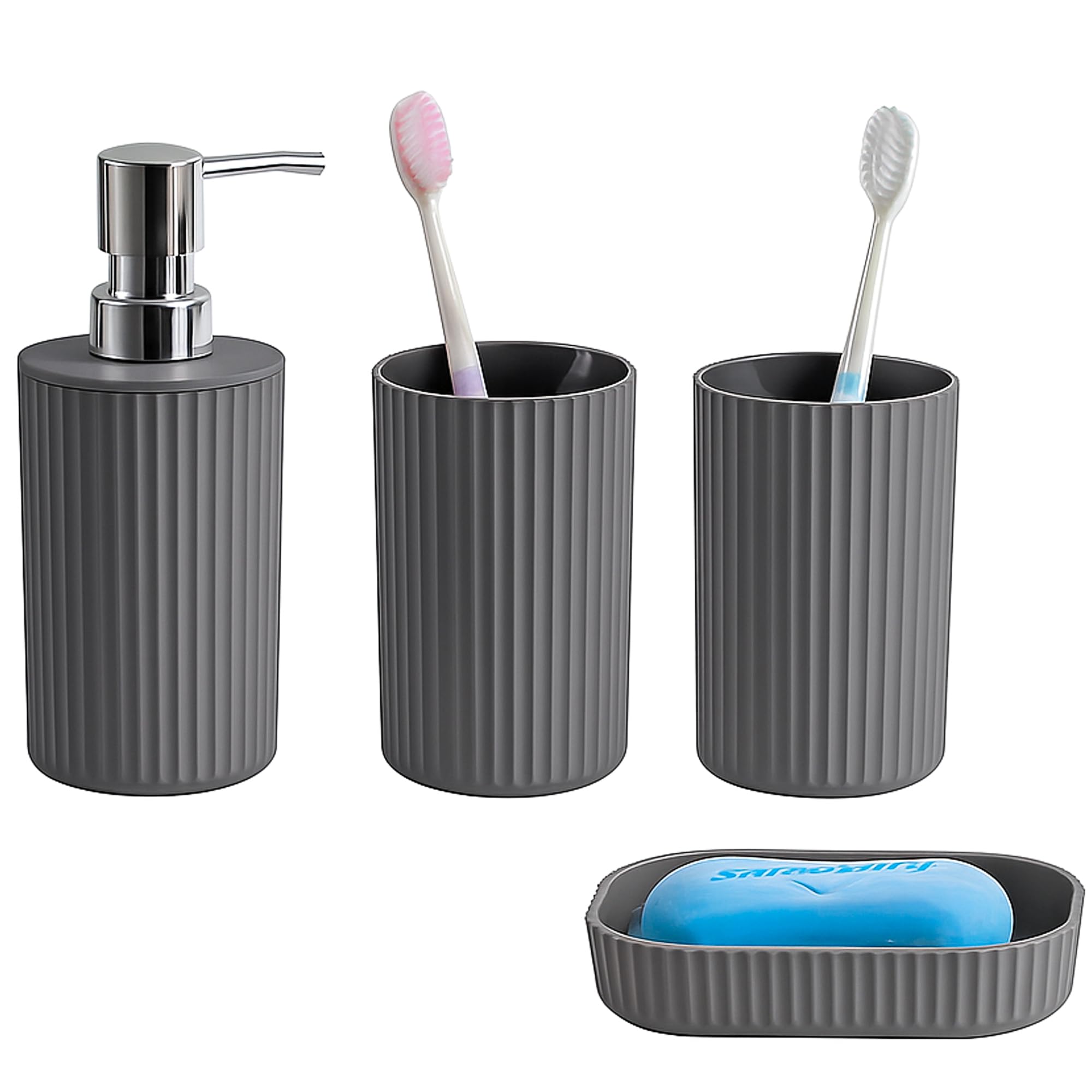 Novel Solutions Premium 4-Piece Bathroom Accessories Set – Matt Grey Rubber-Coated Soap Dispenser, Soap Dish, Tumbler Cup & Toothbrush Holder – Modern Vanity Organiser Kit (Grey Finish)