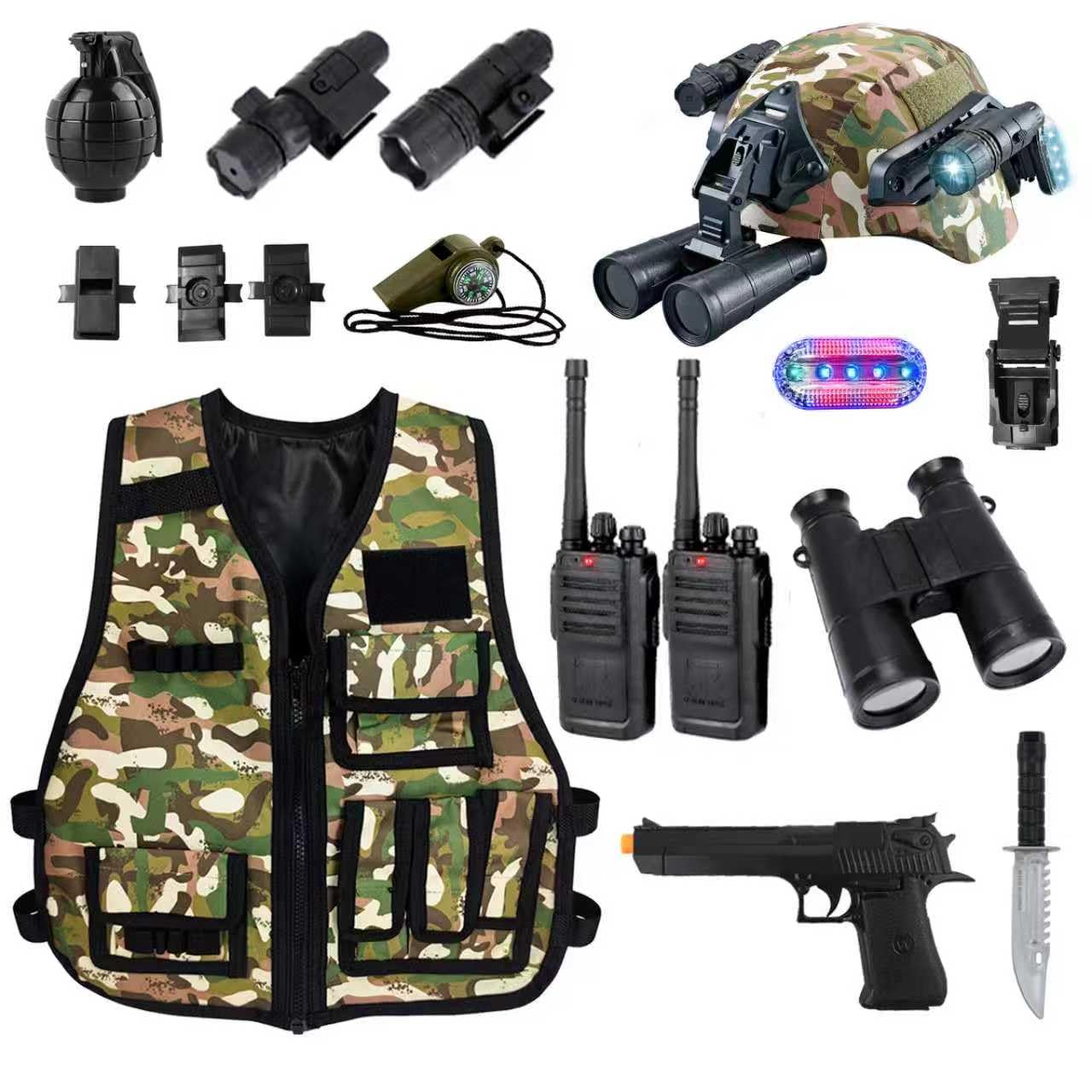KalaDuck Army Costume for Kids, 12PCS Army Accessories with Tactical Airsoft Helmet, Military Vest, Toy Gun, Walkie-Talkie, Role Play Halloween Toys Soldiers Camouflage Costume for Boys Girls