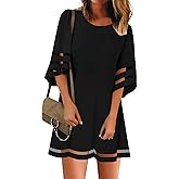 LookbookStore Women Casual Crewneck Mesh Panel 3/4 Bell Sleeve Loose Tunic Dress