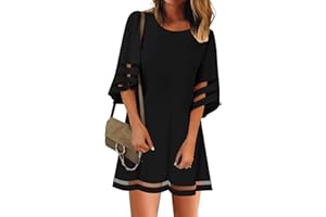 LookbookStore Women Casual Crewneck Mesh Panel 3/4 Bell Sleeve Loose Tunic Dress