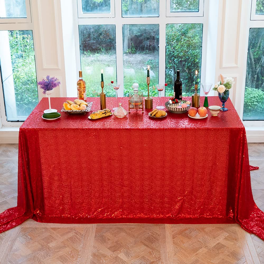 JYFLZQ Red Sequin Tablecloth 90'' x 132'' Rectangle Sparkly Table Cloths Drapes Table Cover Overlay for Wedding Birthday Parties Bridal Showers Image