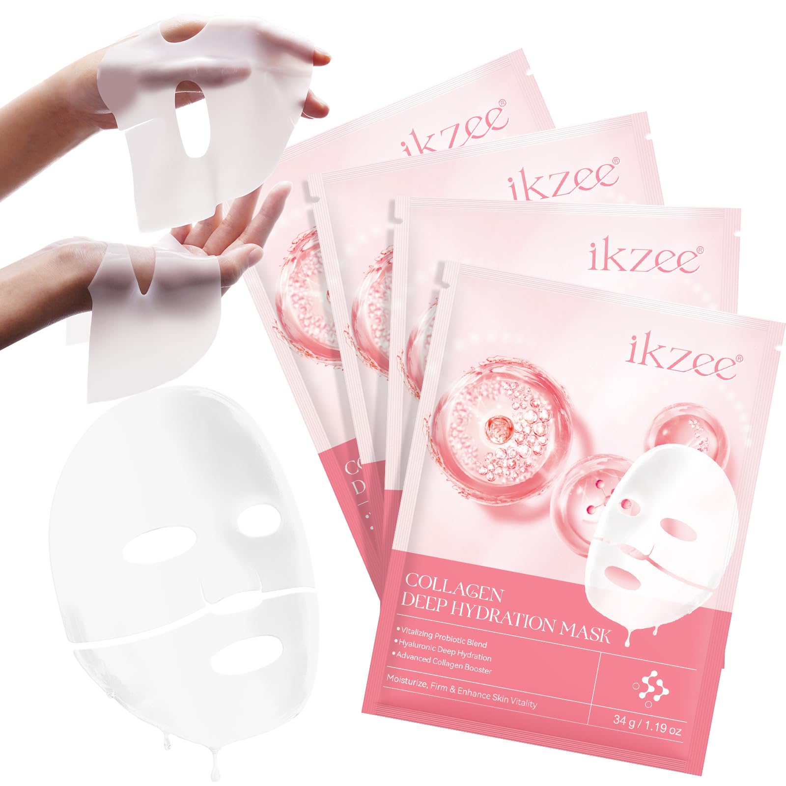 Co-llagen Real Deep Mask, Pure Hydrating Overnight Hydrogel Face Mask, Pore Minimizing, Elasticity Improvement for Moisturizing, Breathable, Firming, Easily Absorbed (4 Packs)