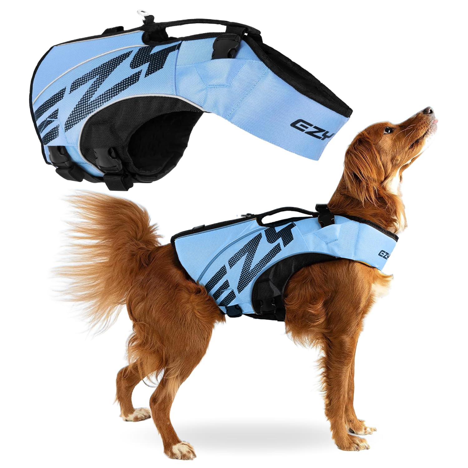 EZYDOG X2 Boost Dog Life Jackets | Dog Lifejacket, Adjustable Life Jacket for Dogs, Boating, Paddle Board, Superior Buoyancy, Rescue Handle, Reflective Stitching (Blue, M)