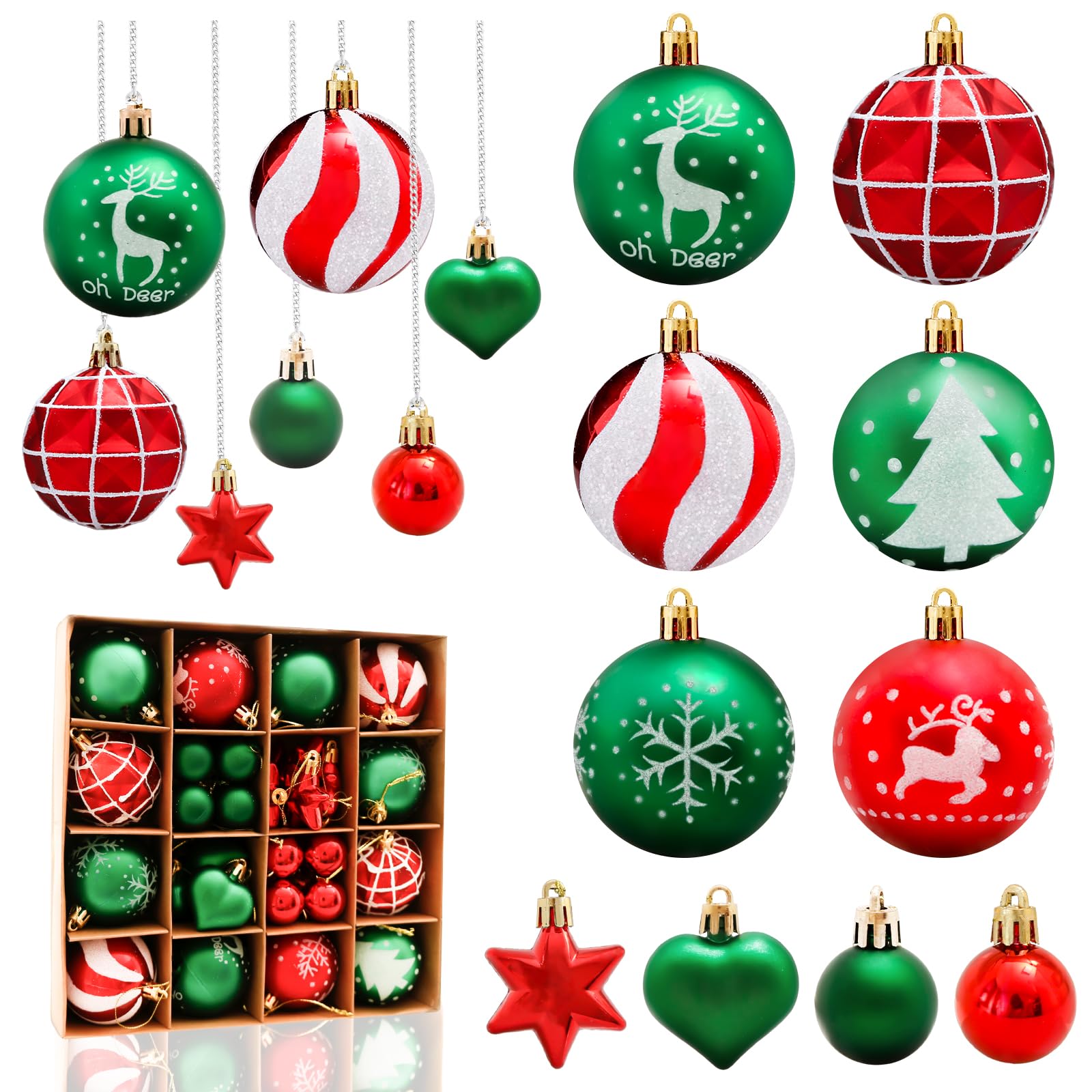 Aitsite 38 Pcs Christmas Baubles, Red and Green Shatterproof Xmas Baubles Christmas Tree Decorations Large Balls Ornaments Hanging Decorations for Xmas Holiday Party Home