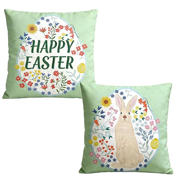 WDS WONDROUS EASTER PILLOW COVERS 18X18 INCH, SPRING THROW PILLOW COVERS SET OF 2, FARMHOUSE DECORATIVE LUMBAR PILLOWS CASE FOR COUCH, SOFA, LIVING ROOM, HAPPY EASTER HOME DECOR