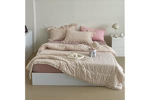 BuLuTu Pink Floral Kids Quilts Full Bed Comforter for Girls Teens Cotton Muslin Quilted Blanket with Chic Lace Edges Reversible Galsang Flower Pattern Quilt, 1 Piece, 79"x90"