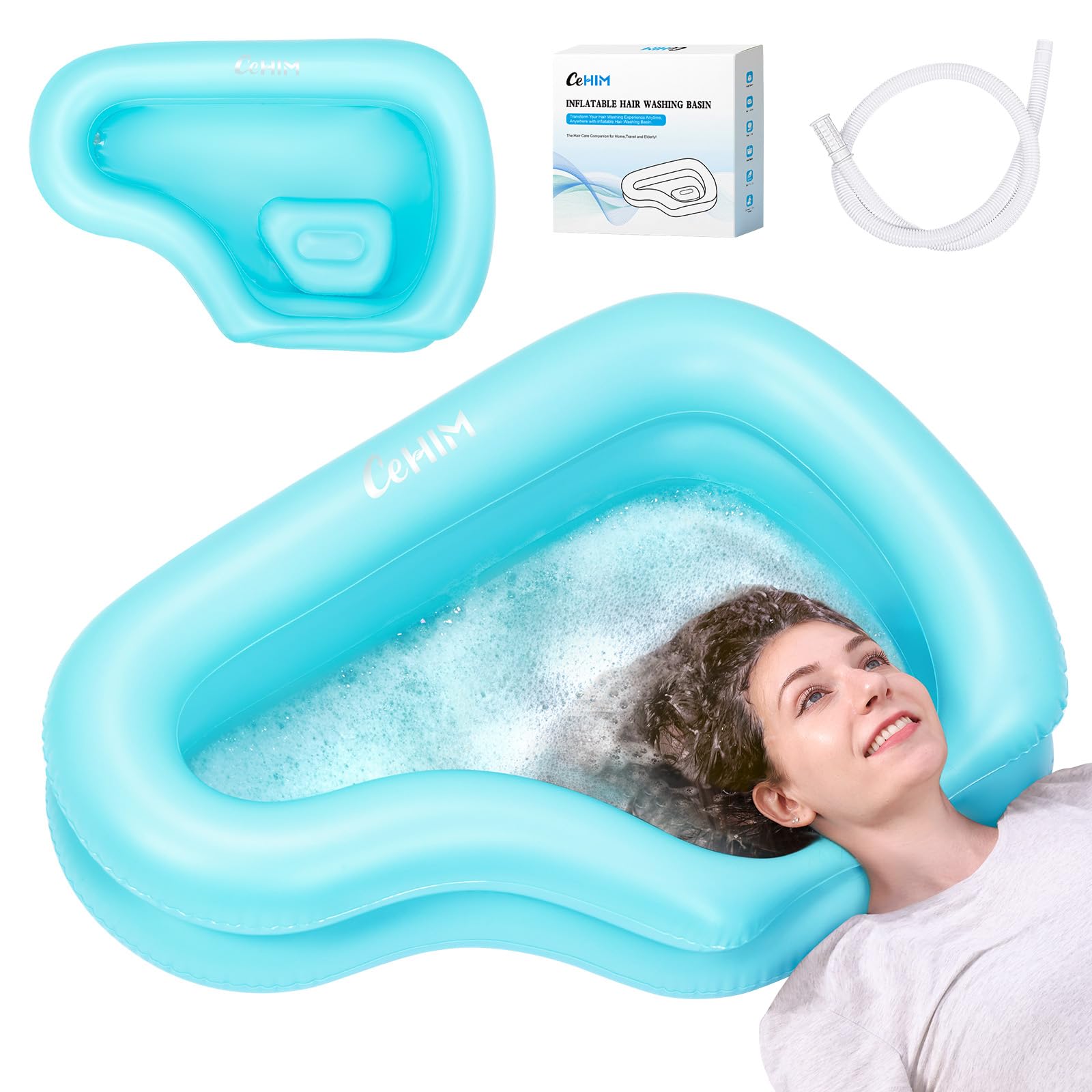 Photo 1 of ?Portable Inflatable Shampoo Basin for Bedridden & Elderly - Zero Pooling Design | Fast-Drain Slope & Neck Support | Portable Hair Wash Bowl, Drain Hose | Hospital PVC | Home Use (Blue, Large)