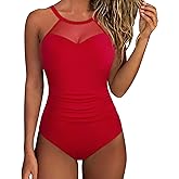 SUUKSESS Women Tummy Control One Piece Swimsuit Sexy Mesh High Neck Bathing Suit
