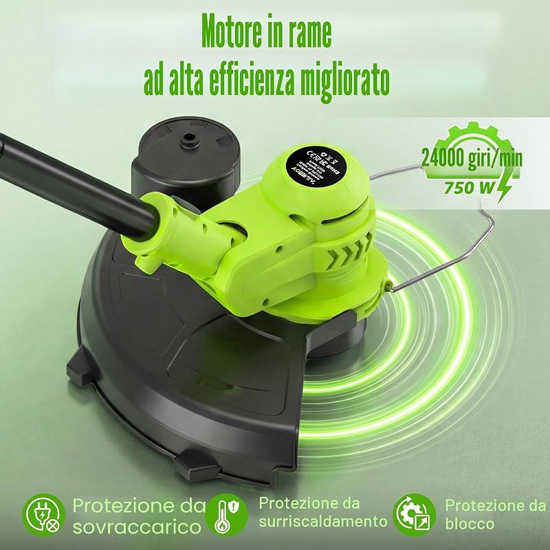 21V Tagliabordi elettrico a batteria con schermo LCD, ruote (30 cm), alimentazione automatica del filo, 8 bobine incluse, testina regolabile e multifunzionale (Linea Pro Giardino)