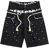 WDIRARA Men's Y2K Layered Denim Shorts Distressed Raw Hem Double Waist Jean Shorts with Rhinestones Trendy Streetwear