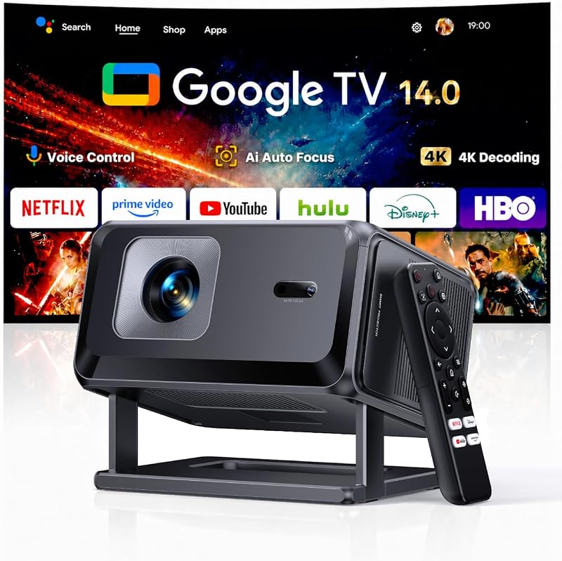 Proyector 4K【Google TV 14.0/Official Apps/Auto Focus/Keystone】 Proyector portatil Control por Voz 1080P FHD Nativo HDR10,WiFi 6 & Bluetooth 5.3 SmartProyector para Exterior/Cine en Casa/Techo/HDMI