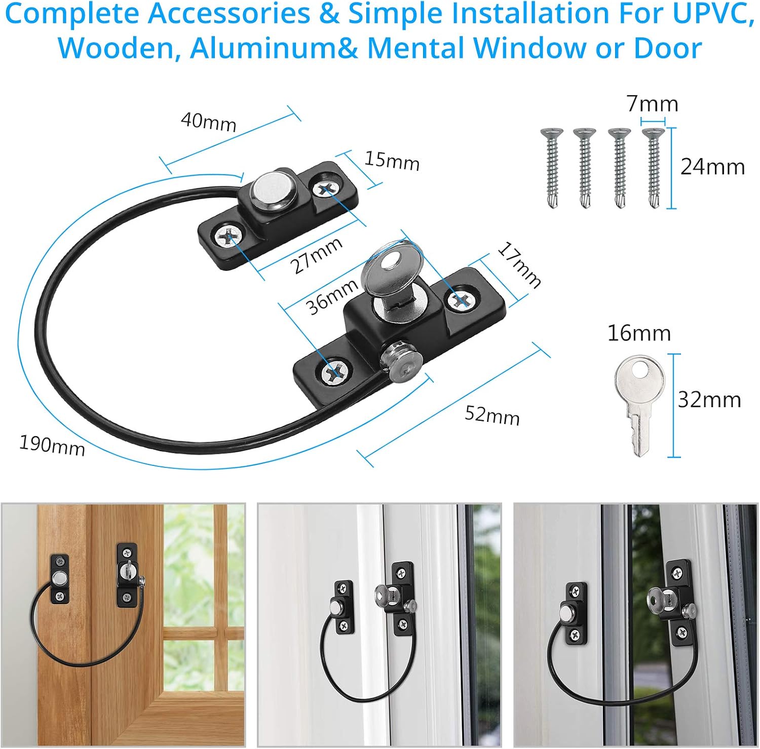eSynic 6 Packs Window Locks for Upvc Window Durable Window Locks Child Safety Reliable Window Safety Restrictor 19CM/7.5Inch Long Wire Window Security Lock with Screws for Home Office Safety etc - Image 3